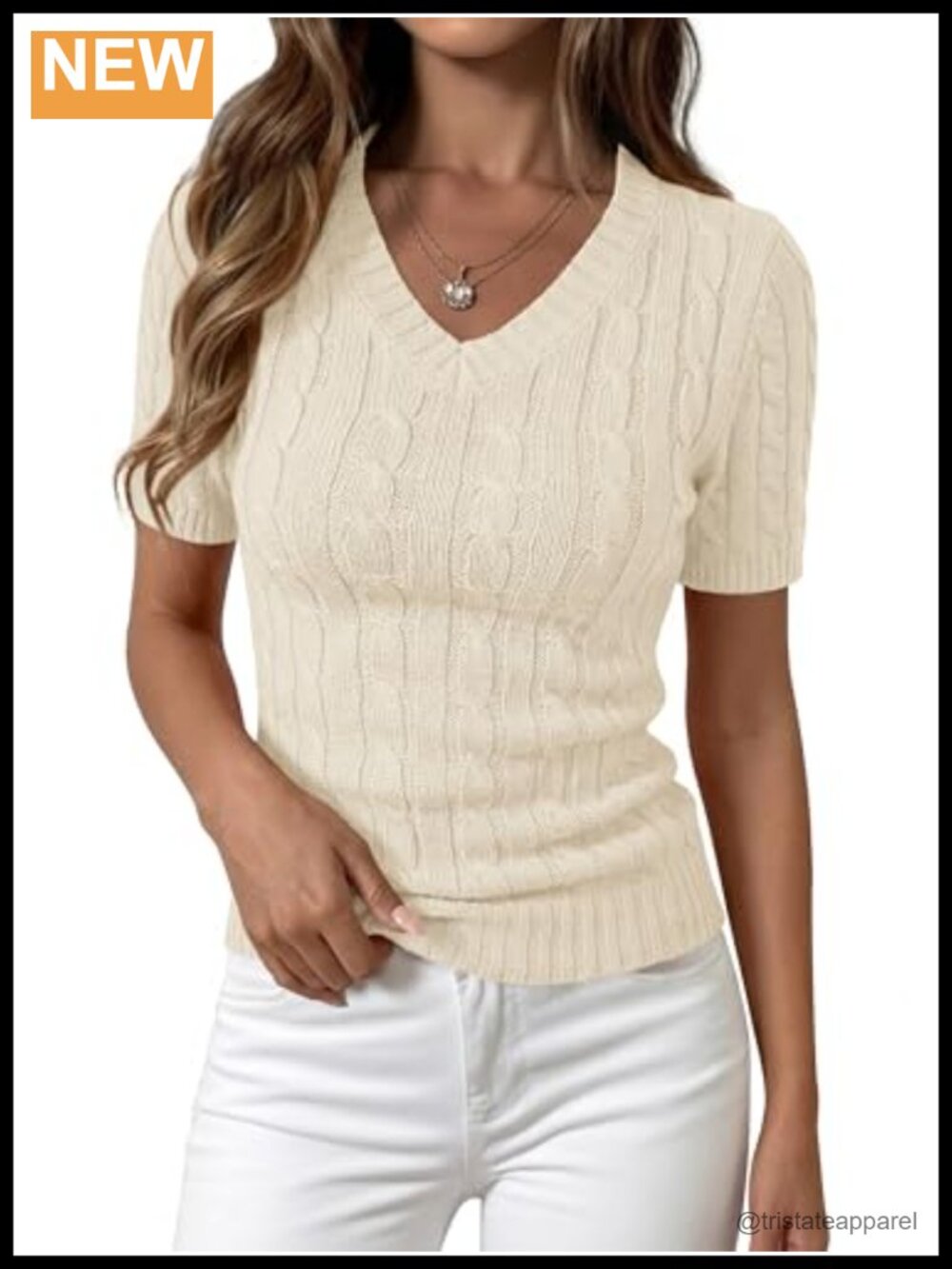 Womens Cable Knit V Neck Short Sleeve Sweater Slim Fit Work Top